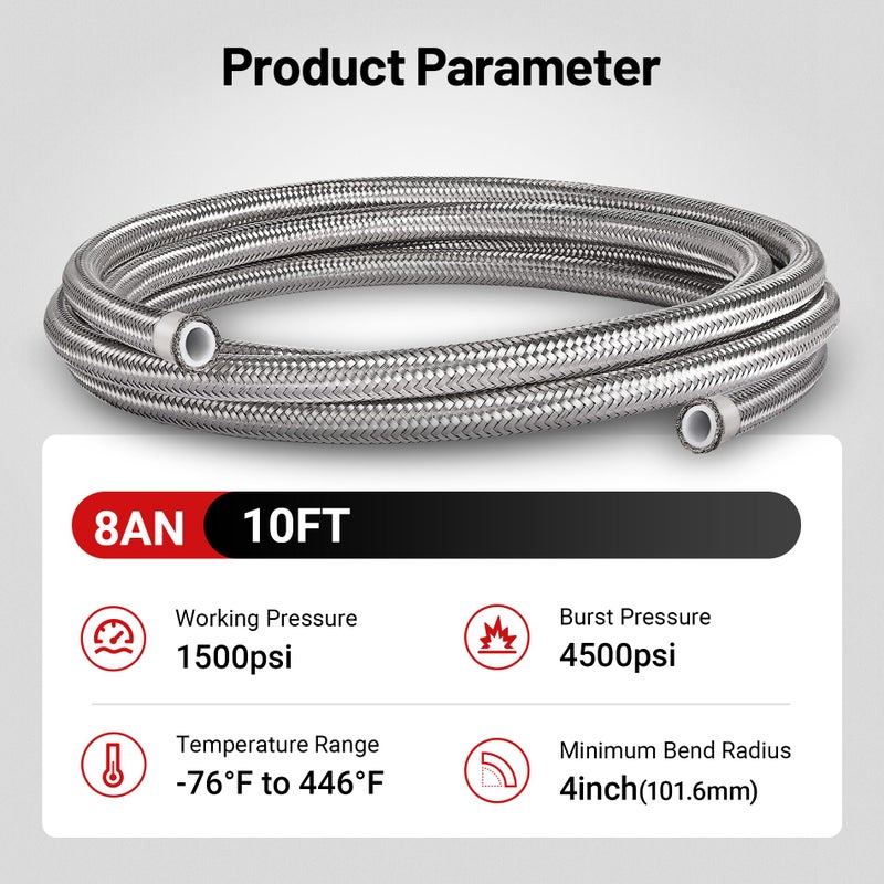 EVIL ENERGY 8AN PTFE Fuel Line Kit, AN8 E85 Fuel Hose Line 10FT Stainless Steel Braided LS Swap EFI PTFE Fuel Line - Image 4